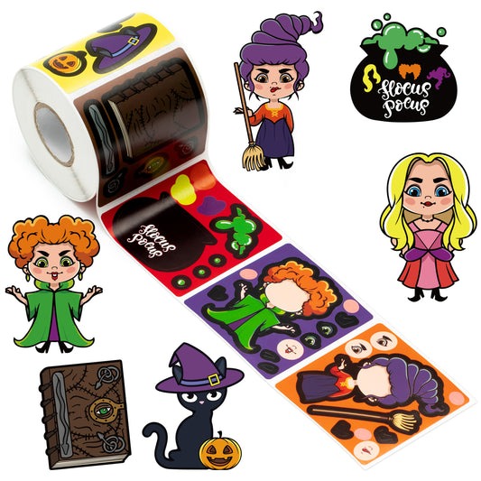 DRbaixiao 300Pcs Halloween Hocus Pocus Witch Make Own Face Stickers Scene Roll Witch Hat Pumpkin Cooking Pot Horror Gothic Self-Adhesive DIY Game Art Crafts Christmas Party Decor Supplies Favor Reward