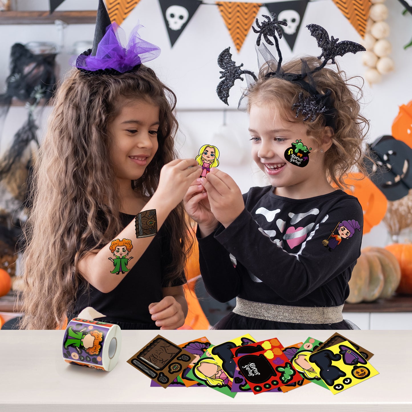 DRbaixiao 300Pcs Halloween Hocus Pocus Witch Make Own Face Stickers Scene Roll Witch Hat Pumpkin Cooking Pot Horror Gothic Self-Adhesive DIY Game Art Crafts Christmas Party Decor Supplies Favor Reward