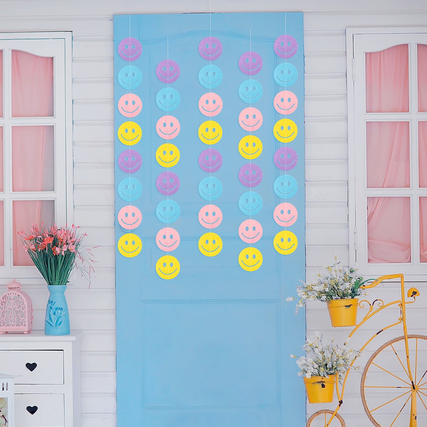 DRbaixiao 9Pcs Preppy Smile Face Banner Felt Garland Yellow Pink Blue Purple Pastel Hanging Curtain Decoration for Home Baby Shower Birthday Bachelorette Classroom Party Favor Supplies Happy Event